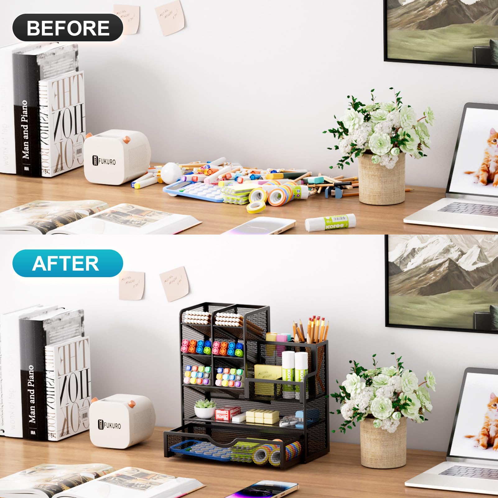 Marbrasse Mesh Desk Organizer with Drawer Multi-Compartment Pen Holder Office Supplies Storage Caddy Black