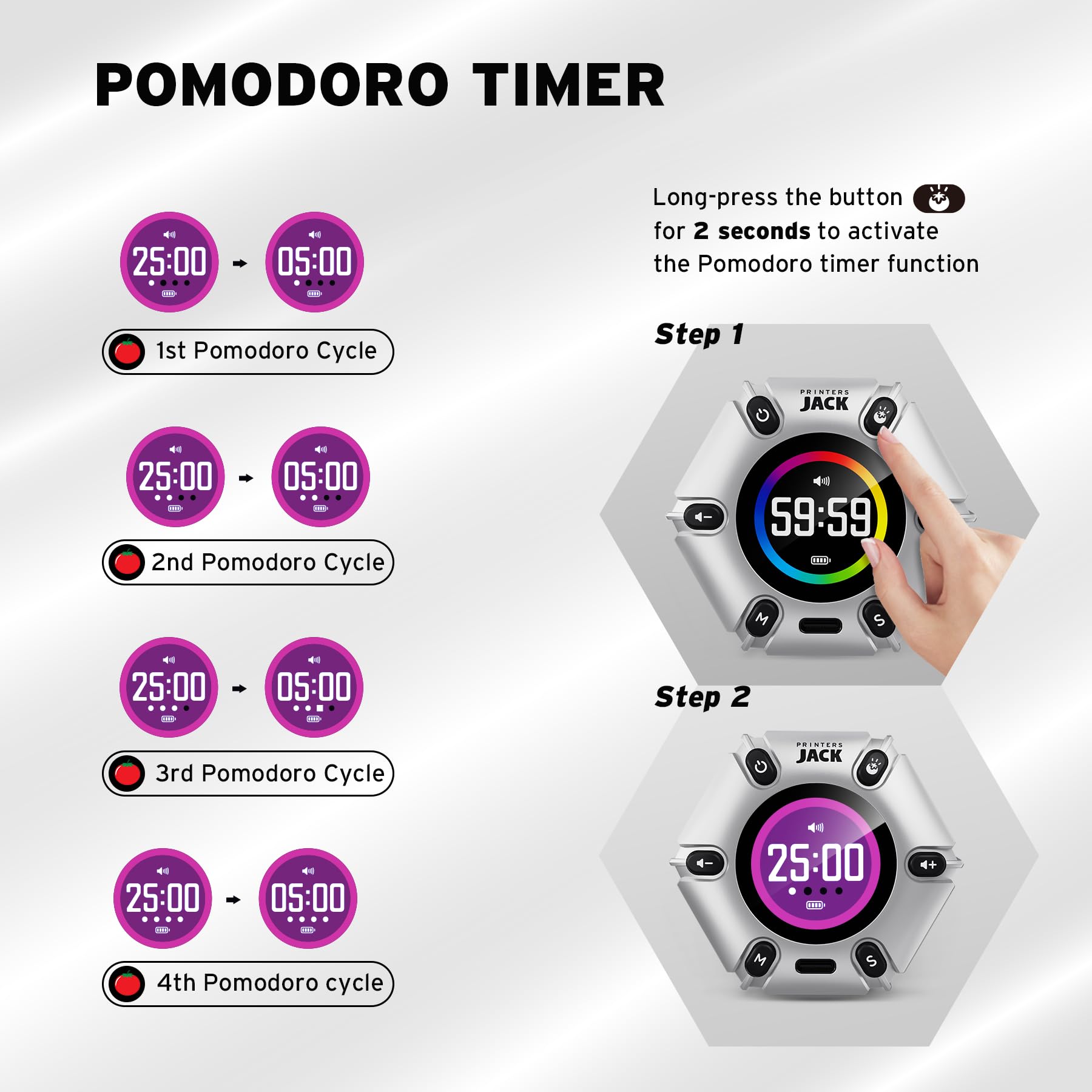 JACK Pomodoro Timer Productivity Cube with Visual Display, 3-5-10-25-30-60 Min Presets, Mute/Vibration/Sound Alerts, Rechargeable Focus Timer for Office, Study & ADHD – Silver