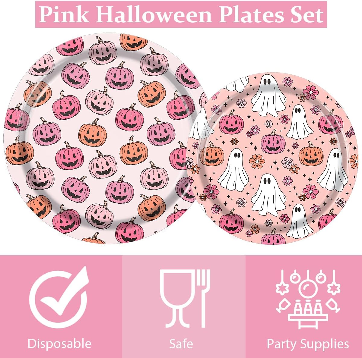Pink & Black Halloween Party Plates Set – 60 Pcs Disposable Plates & Napkins with Pumpkin & Ghost Designs for Birthday & Baby Shower