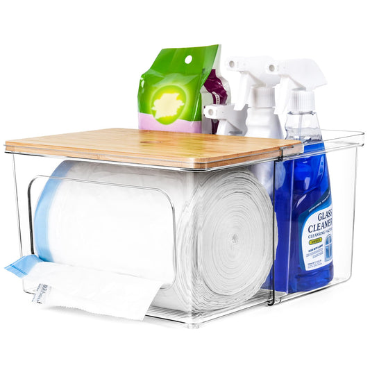2-in-1 Trash Bag Dispenser & Pull-Out Under-Sink Organizer – Acrylic with Bamboo Lid (Clear)