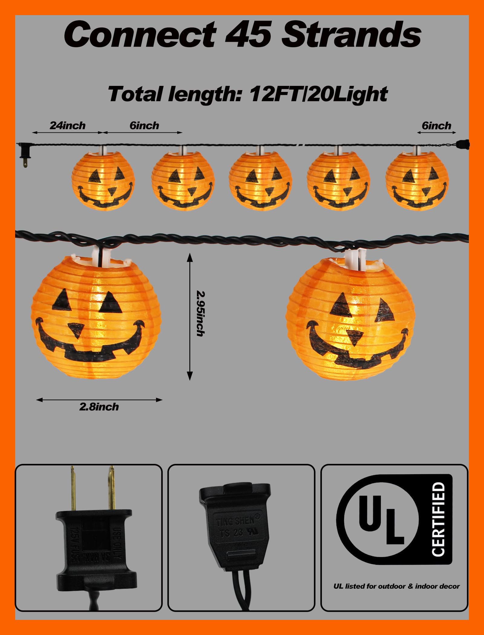Orange Fabric Pumpkin Lantern String Lights – 12Ft, 20 LED UL Certified, Indoor/Outdoor Halloween Decor