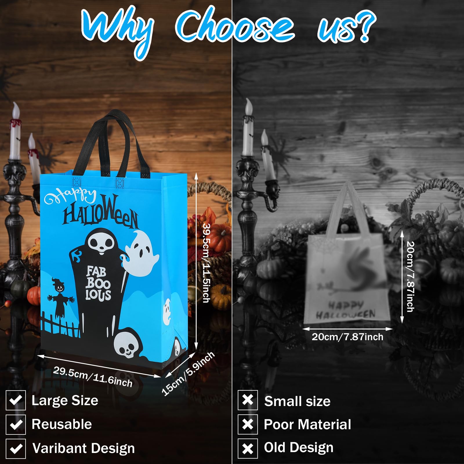 CCINEE 12PCS Halloween Non-Woven Bags with Handle, Large Size Reusable Trick or Treat Tote Bags, 15.7"11.8"5.9"