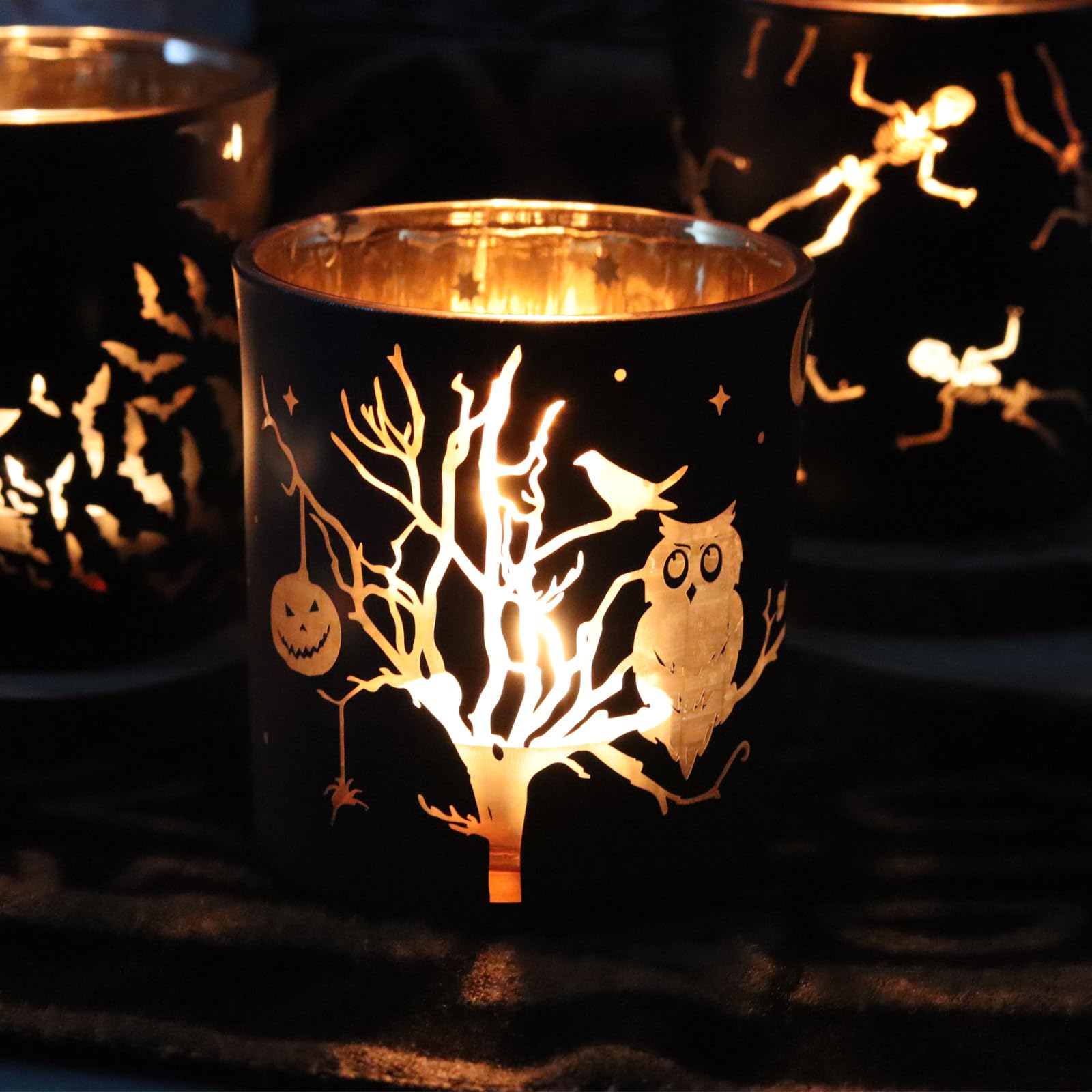 Black & Gold Halloween Candle Holders – 4PCS Laser-Engraved Glass Votive Set with Witches & Pumpkins