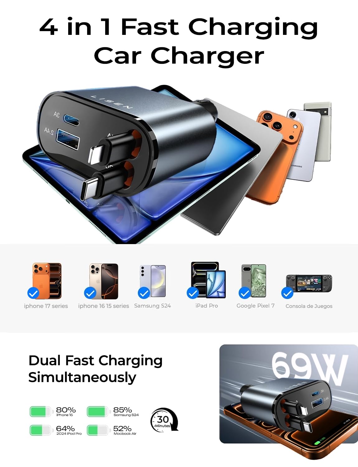 4-in-1 Retractable Car Charger 69W – Fast USB-C Car Charger with Dual Cables & 4 Ports for iPhone, Android & Travel
