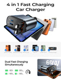 4-in-1 Retractable Car Charger 69W – Fast USB-C Car Charger with Dual Cables & 4 Ports for iPhone, Android & Travel