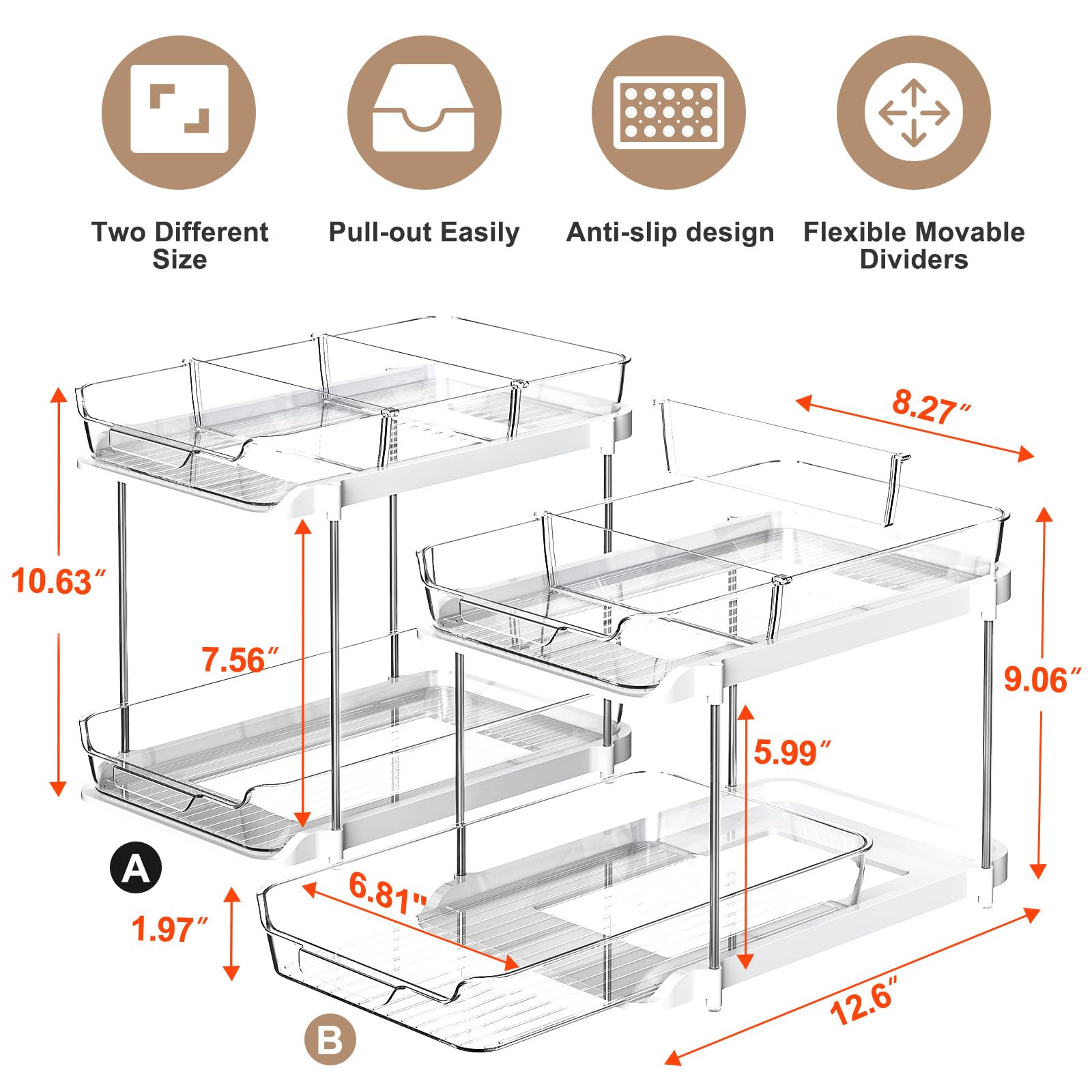 DELAMU 2-Tier Stackable Under Sink Organizer (2-Pack) – Pull-Out Acrylic Cabinet Storage with Adjustable Dividers (White)