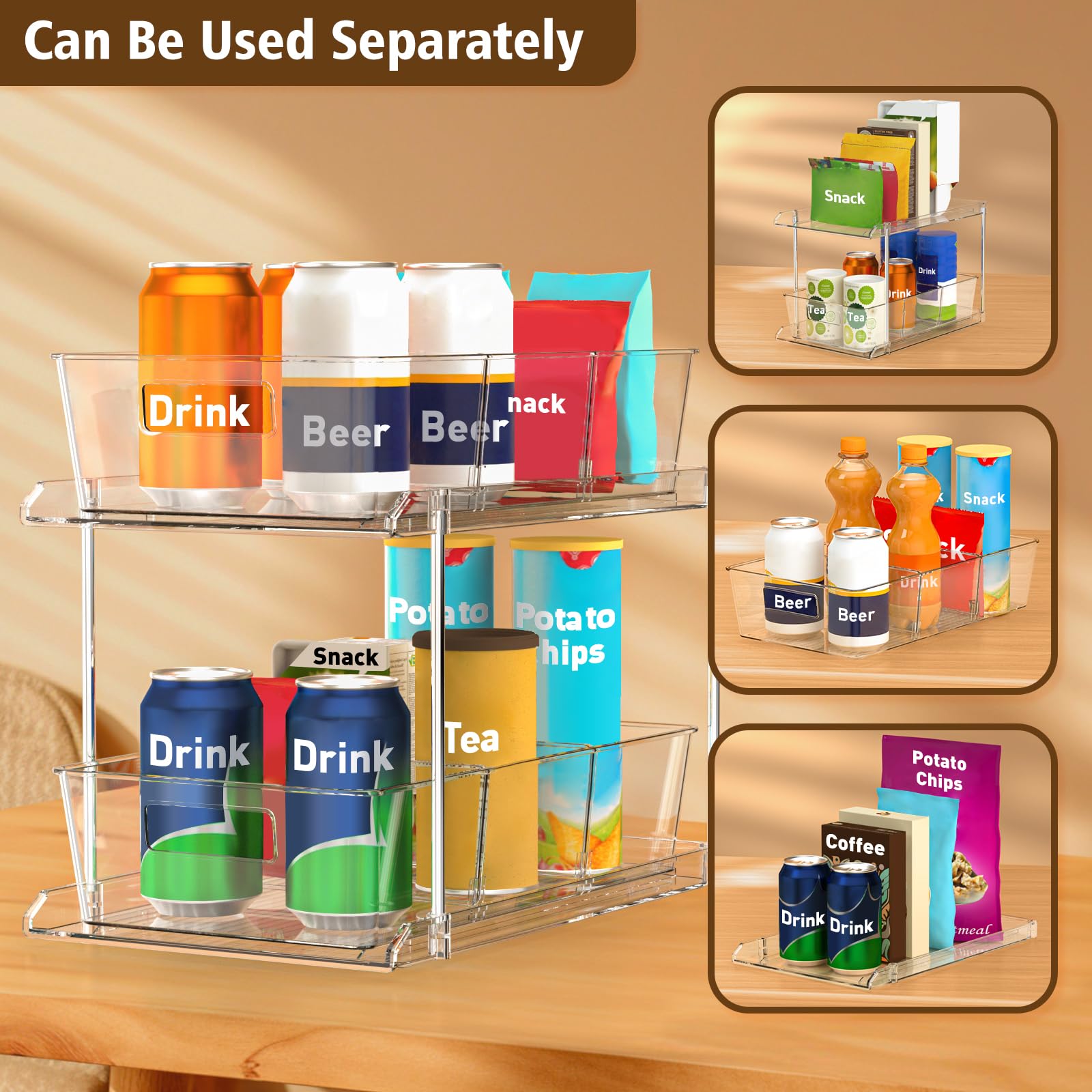 FabSpace 2-Pack 2-Tier Clear Pull-Out Organizers – Modular Drawer Storage with Dividers for Home & Vanity