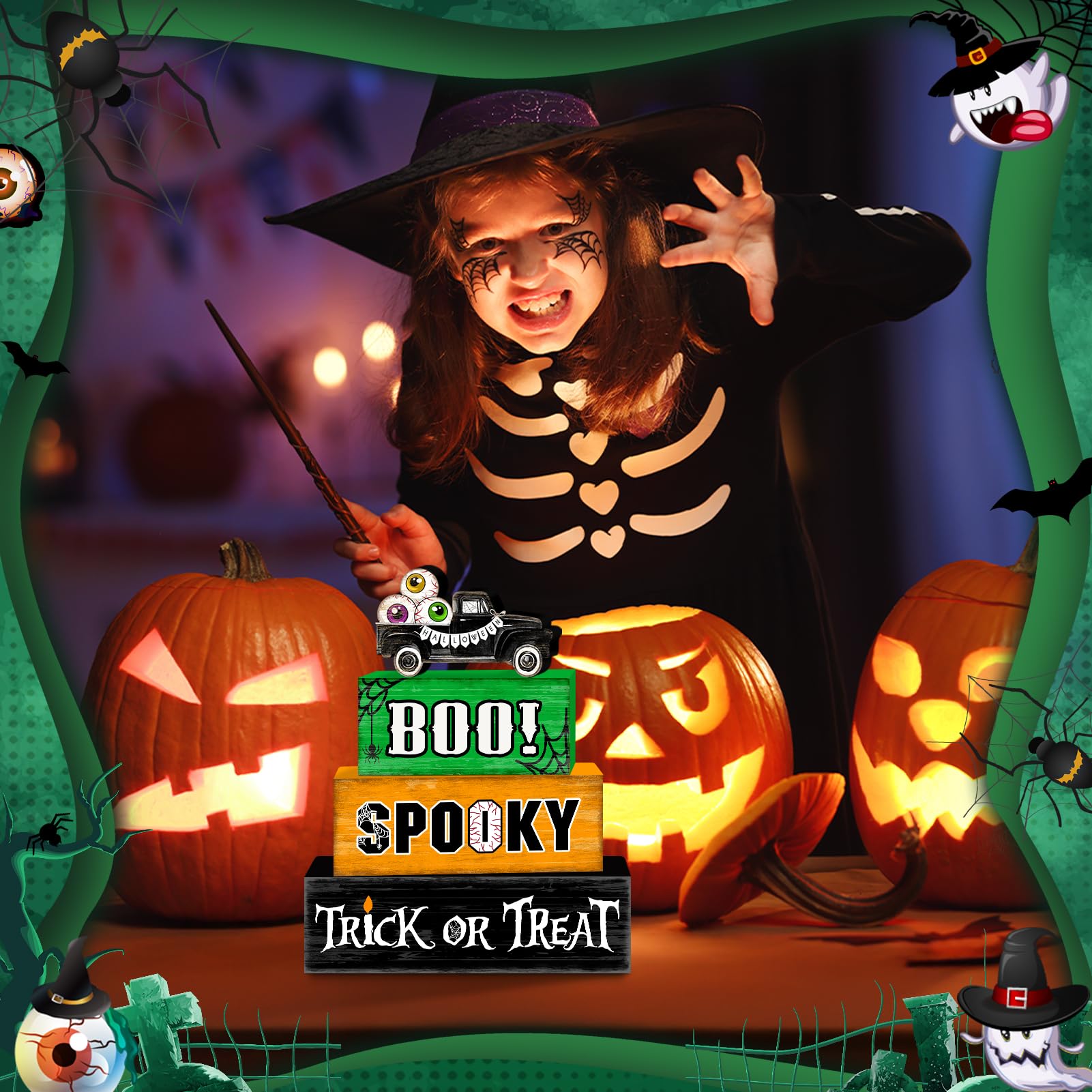 Eyeball Truck Halloween Wooden Tiered Tray Decor Set – Rustic “BOO” & “Trick or Treat” Blocks for Spooky Displays