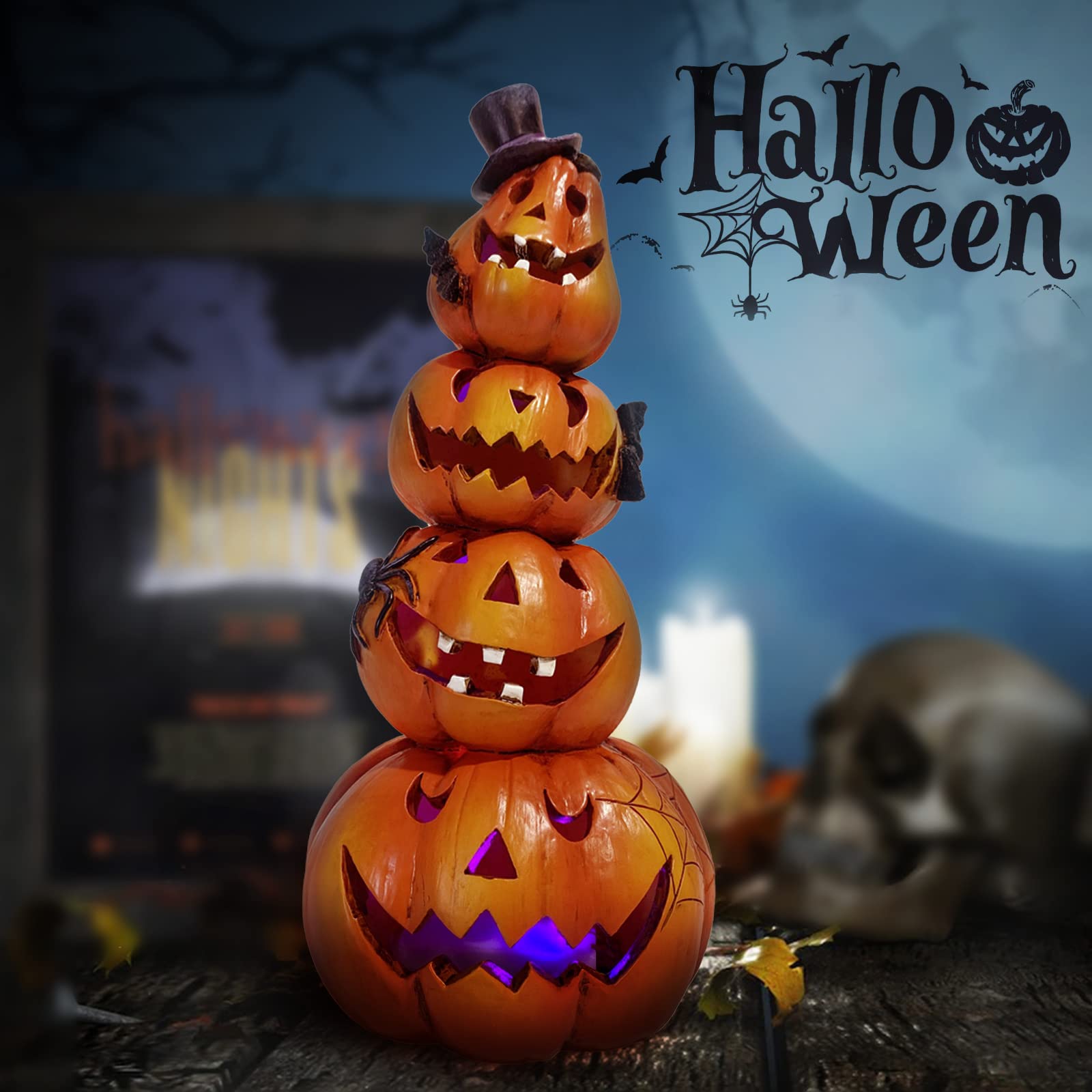 Hand-Carved Light-Up Stacked Pumpkins – 9.5" Resin Halloween Decoration with Colorful LED Glow