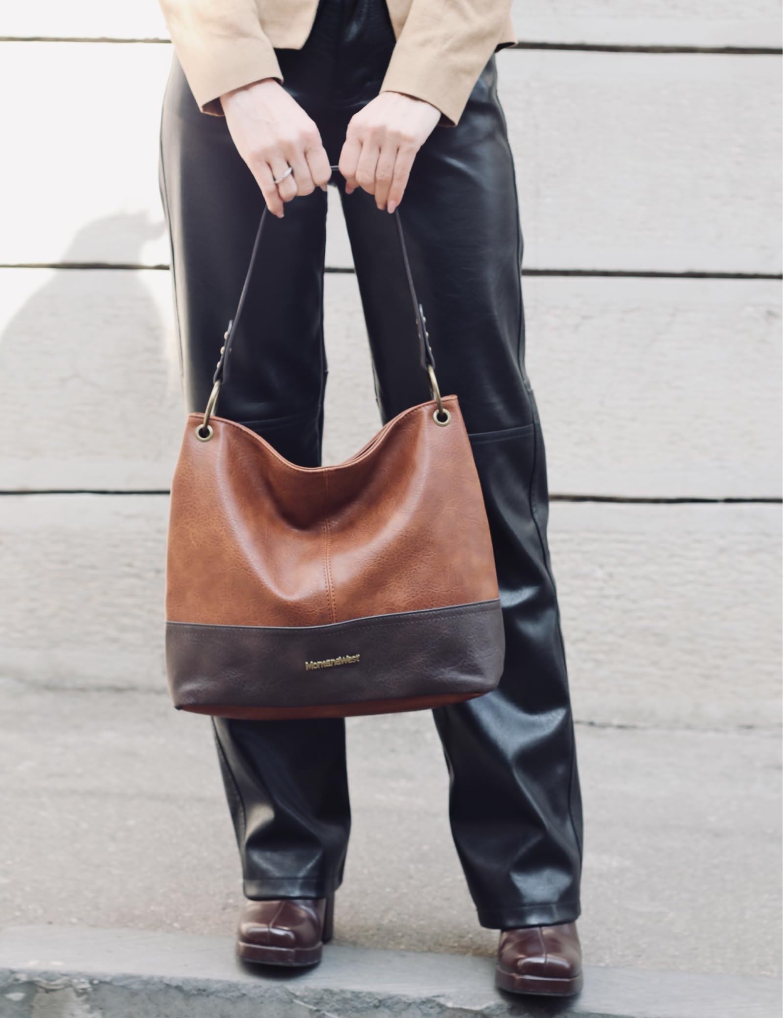Montana West Hobo Bag for Women – Large Vegan Leather Shoulder Satchel with Contrast Design (Brown)