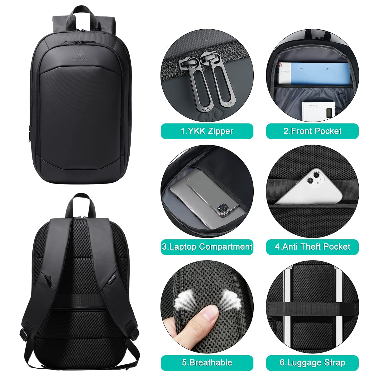 17″ Slim Expandable Business Laptop Backpack with USB Charging Port – Waterproof & Anti-Theft Travel Backpack (Black)