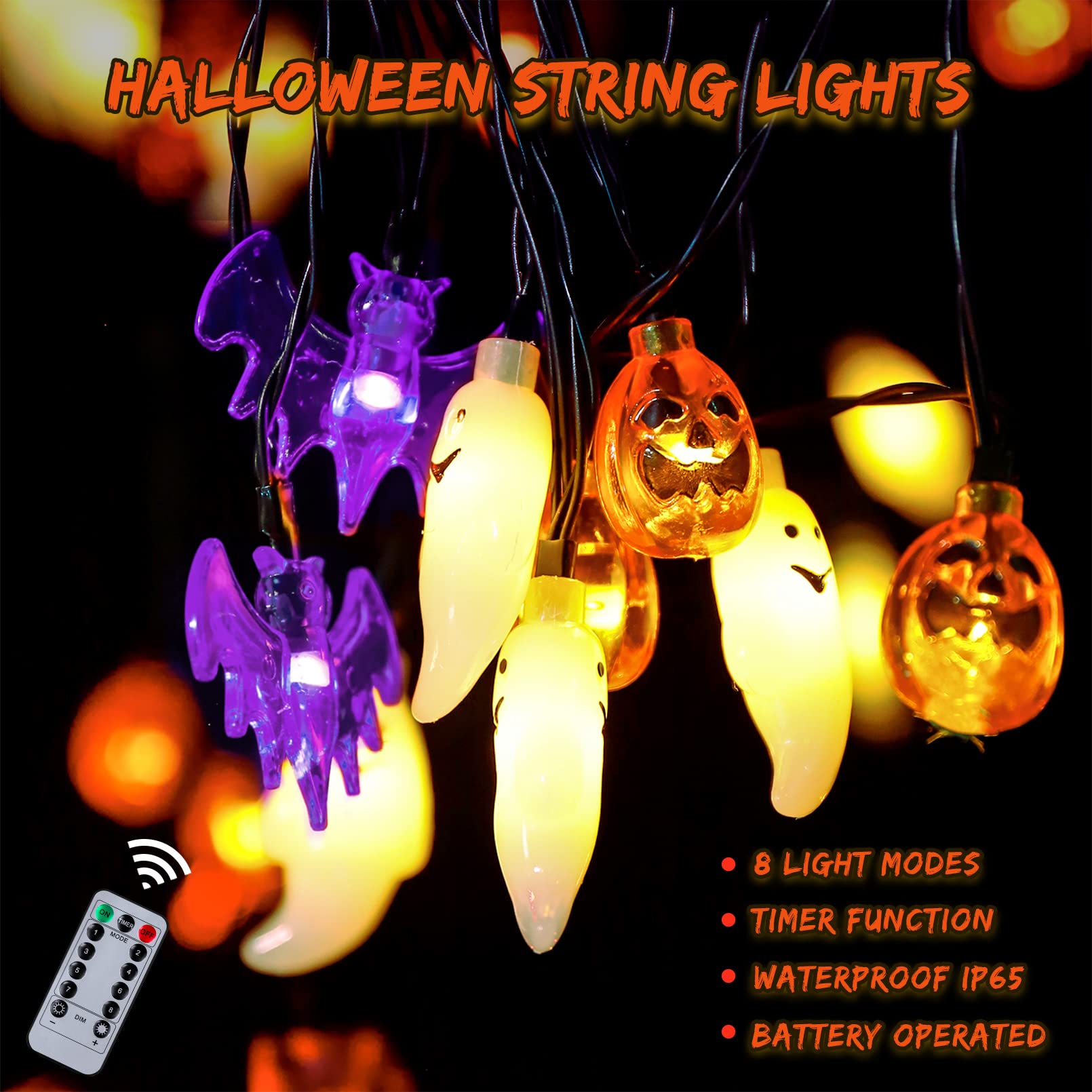 Pumpkin, Bat & Ghost Halloween String Lights – 30 LED 20Ft Battery Operated Waterproof Lights with Timer & 8 Lighting Modes (Indoor/Outdoor Décor)