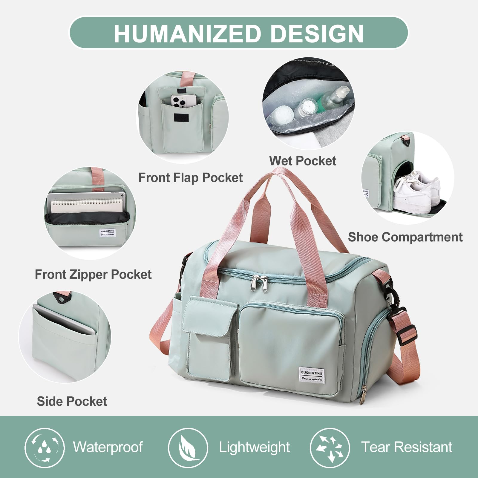 Small Gym Bag for Women – Lightweight Travel Duffle & Weekender Bag with Shoe Compartment and Toiletry Pouch (Green)