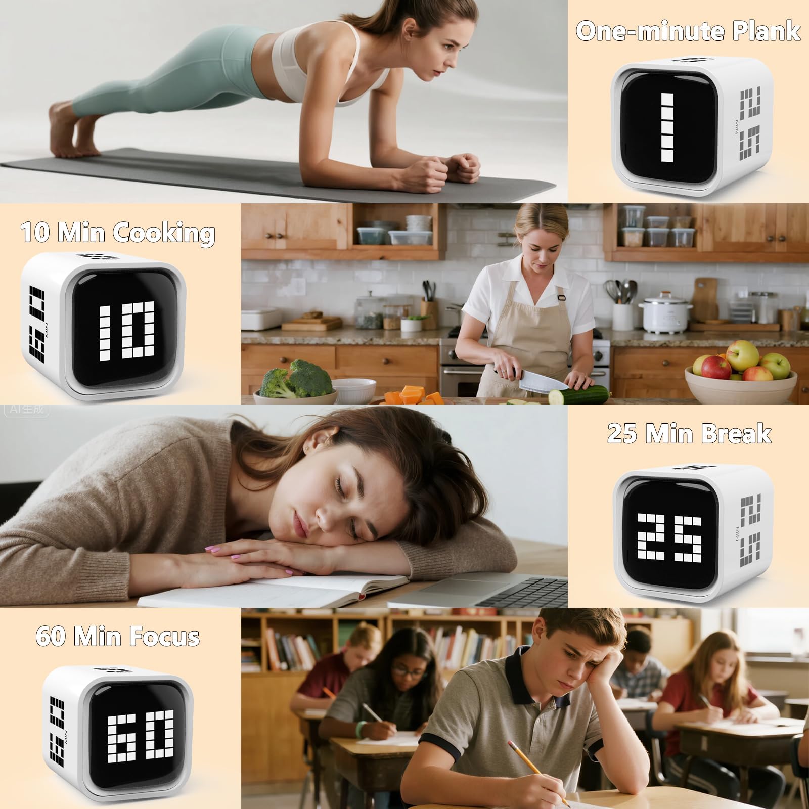 Rotating Focus Timer with Flip Control, True Pomodoro Presets & Custom Countdown, Silent Vibration Desk Timer for Work, Study & Kitchen – Black