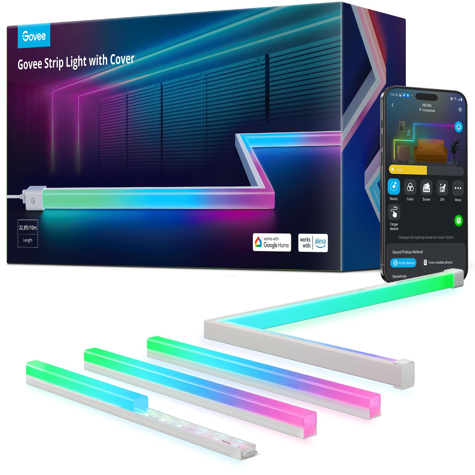 Govee RGBIC LED Strip Lights with Diffuser Channel – 60 LEDs/m, Alexa Compatible & Corner-Ready Design