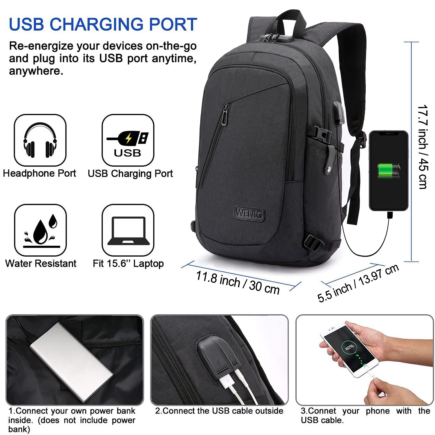 WENIG Anti-Theft Travel Laptop Backpack with USB Charging Port & Lock – 15.6 Inch, Black