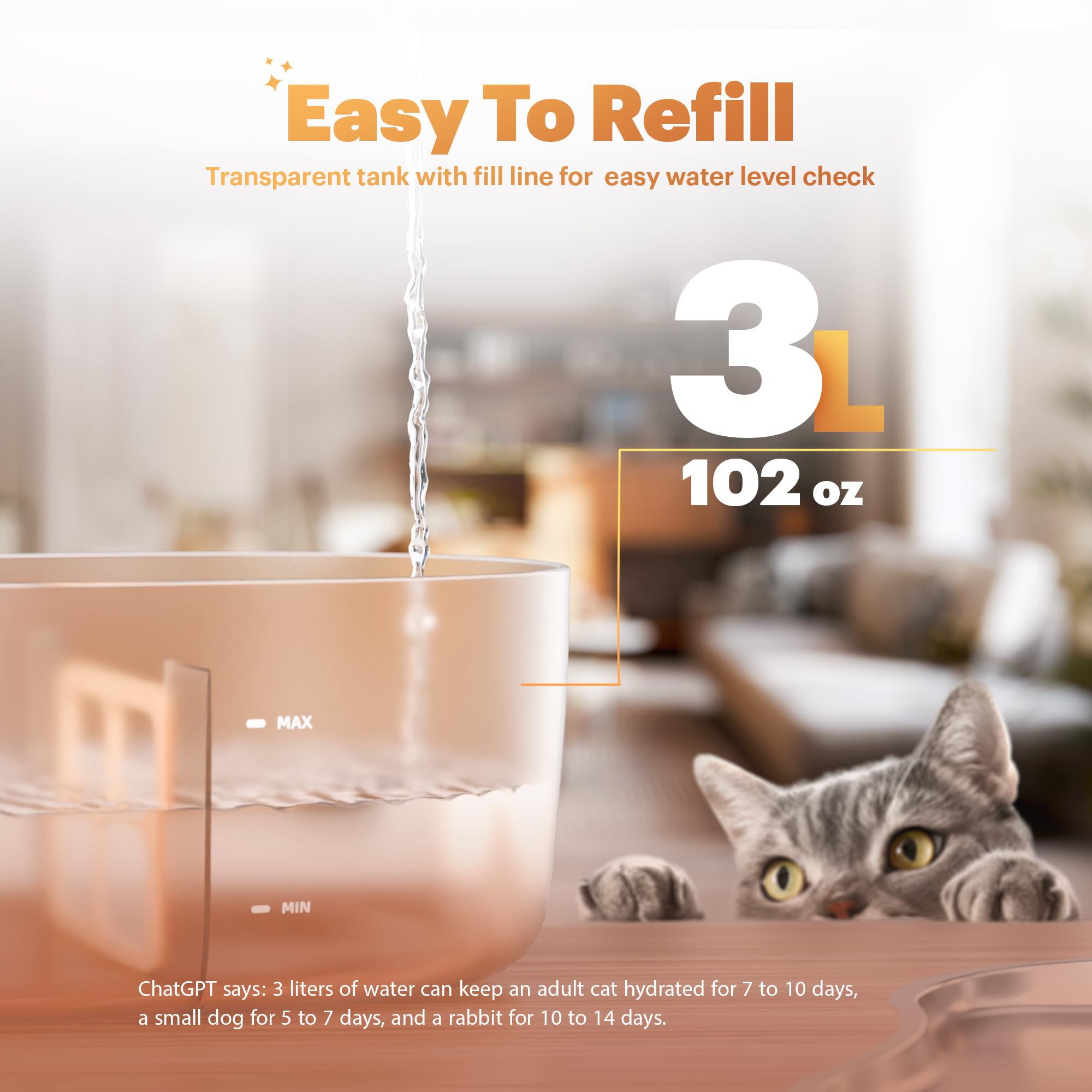 Apricot Pink Cordless Pet Water Fountain 3L – Pump-Free Vacuum System with Sensor & Timer Modes
