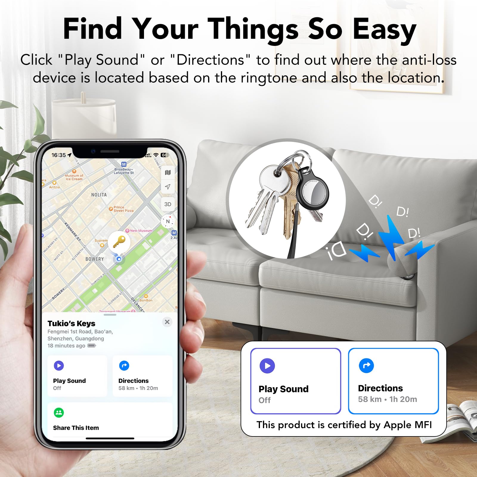 Tukio Bluetooth Tracker Tag 4 Pack, Apple Find My Compatible Item Locator, IP67 Waterproof Smart Key Finder with Loud Alert and Replaceable Battery