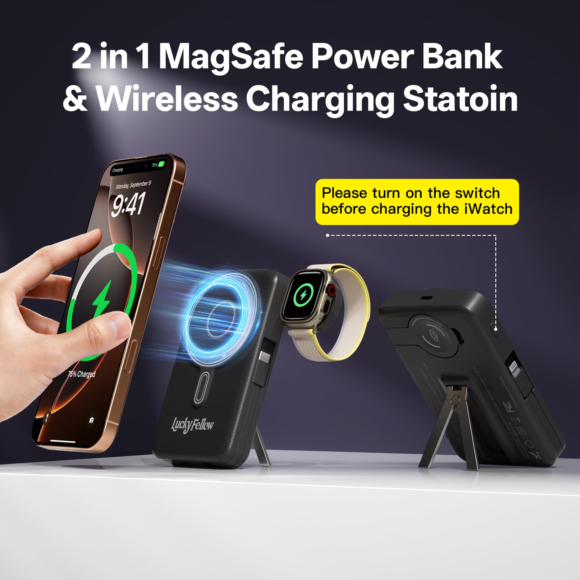 Magnetic Portable Power Bank 10,000mAh – Wireless Fast Charger with Built-In Cables & Kickstand (Black)