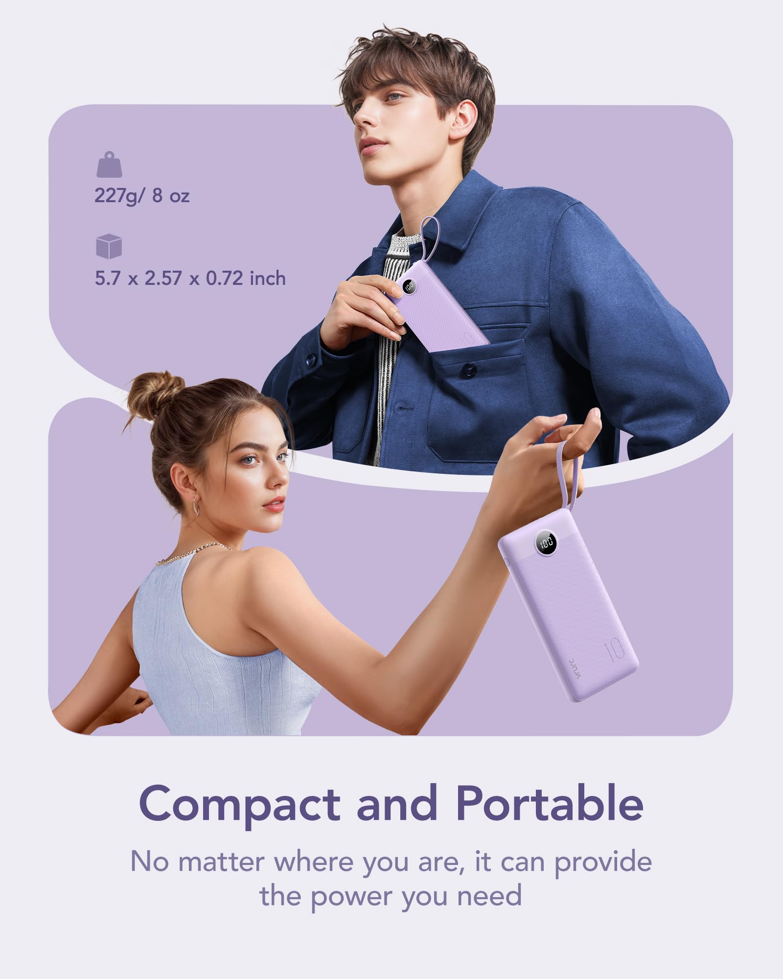 VRURC 10000mAh Slim Power Bank with Built-in Multi Cables & USB-C Fast Recharge – Smart Travel Battery Pack Lavender