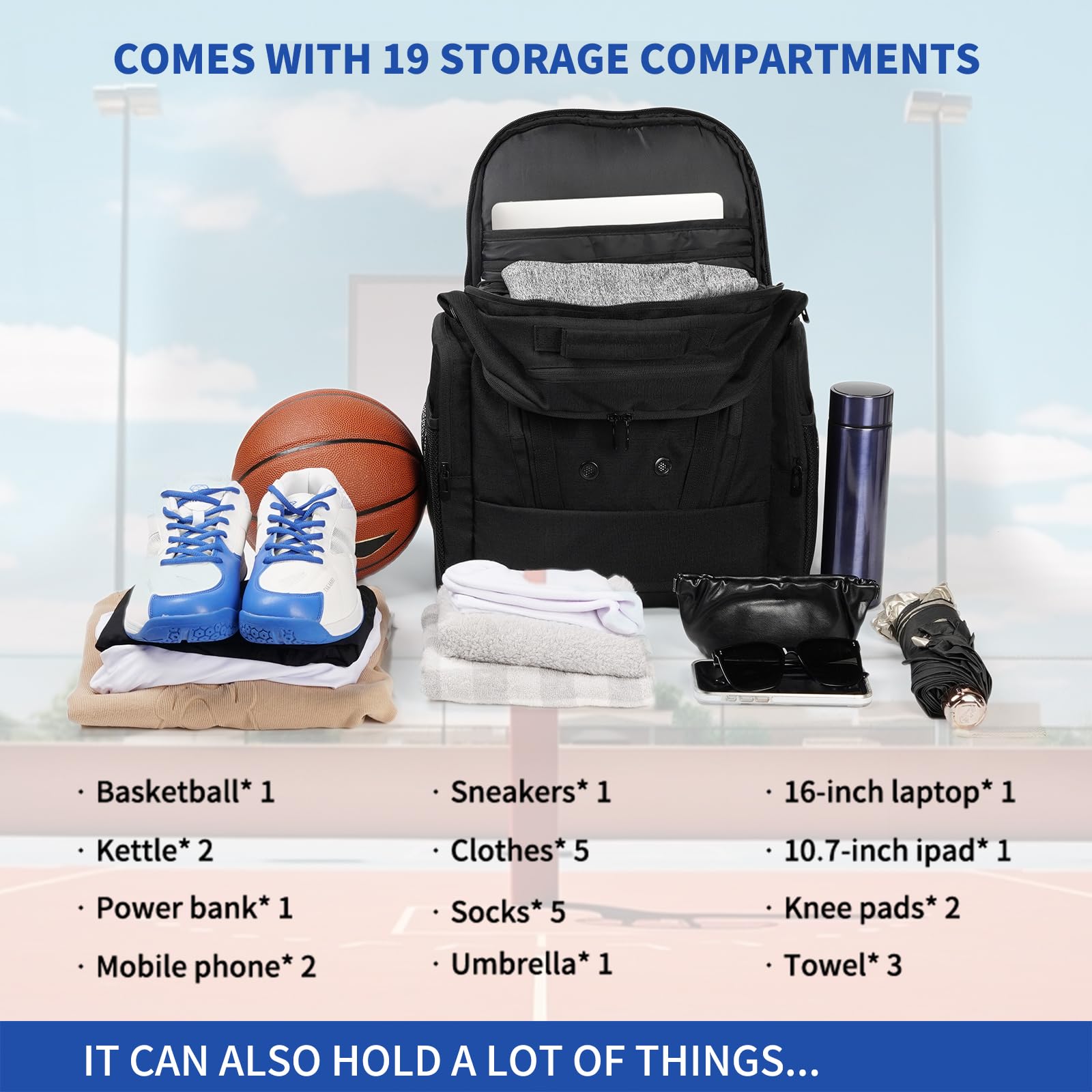 GEMGOAL Basketball Backpack with Ball Holder & Shoe Compartment – Large Sports Gear Bag with Wet/Dry Storage – Black