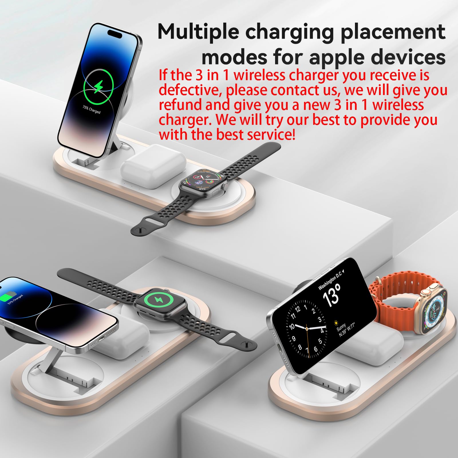 3-in-1 Foldable MagSafe Wireless Charger Stand for iPhone, Apple Watch & AirPods (Golden)