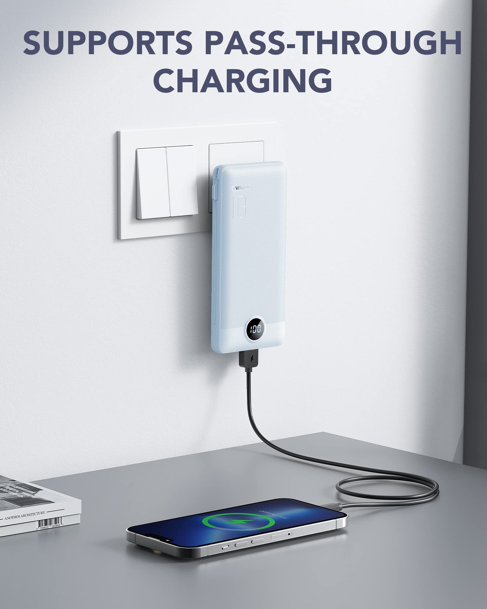 VRURC 10000mAh Portable Power Bank – Built-in Cables & AC Wall Plug, Compact Travel Charger with LED Display (Blue)