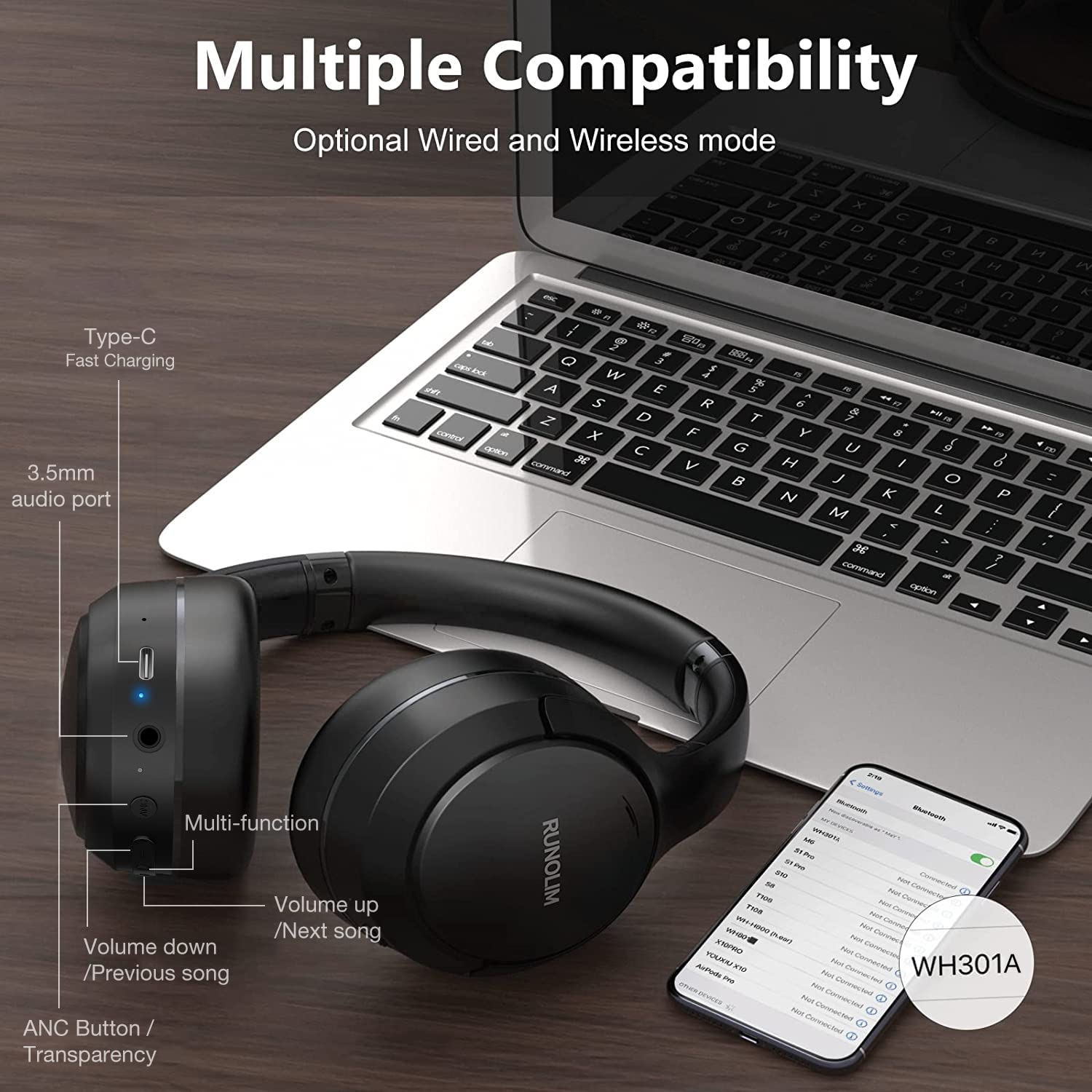 RUNOLIM Active Noise Cancelling Wireless Headphones with 70H Playtime & Hi-Fi Sound – Foldable Bluetooth Over-Ear Headset Black
