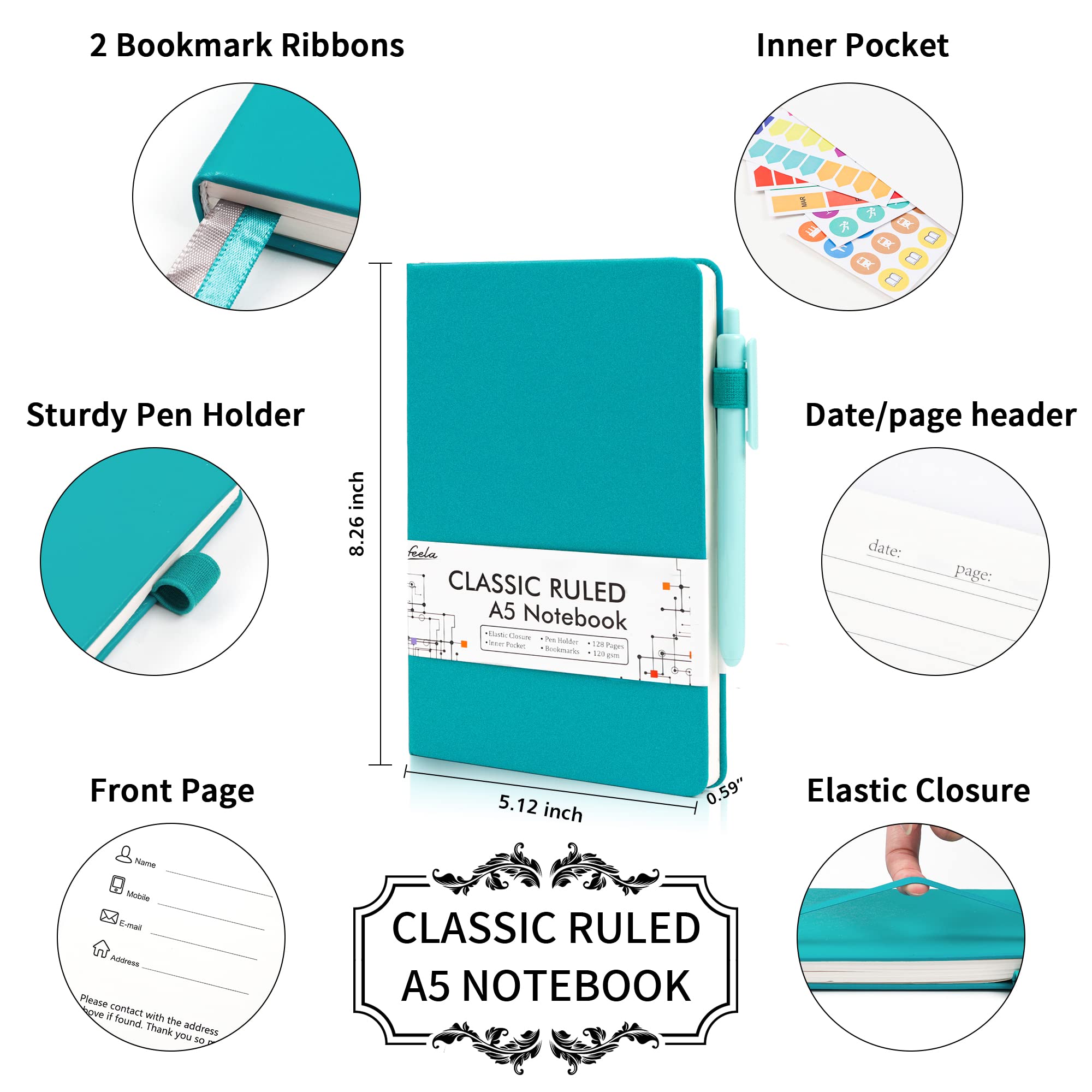 Feela 18 Pack Classic Ruled Notebooks with 18 Black Retractable Pens – Emerald Faux Leather Journals (8.3” x 5.1”)