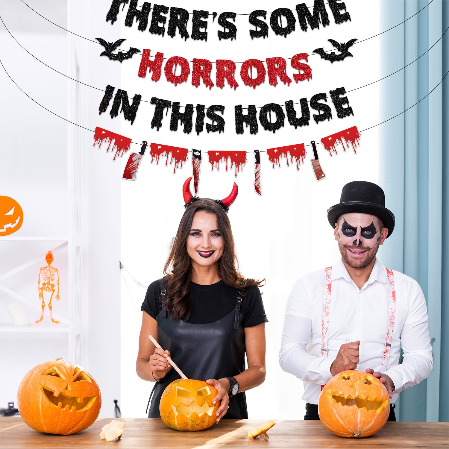 “There’s Some Horrors in This House” Halloween Banner Set – Red & Black Glitter Party Decorations