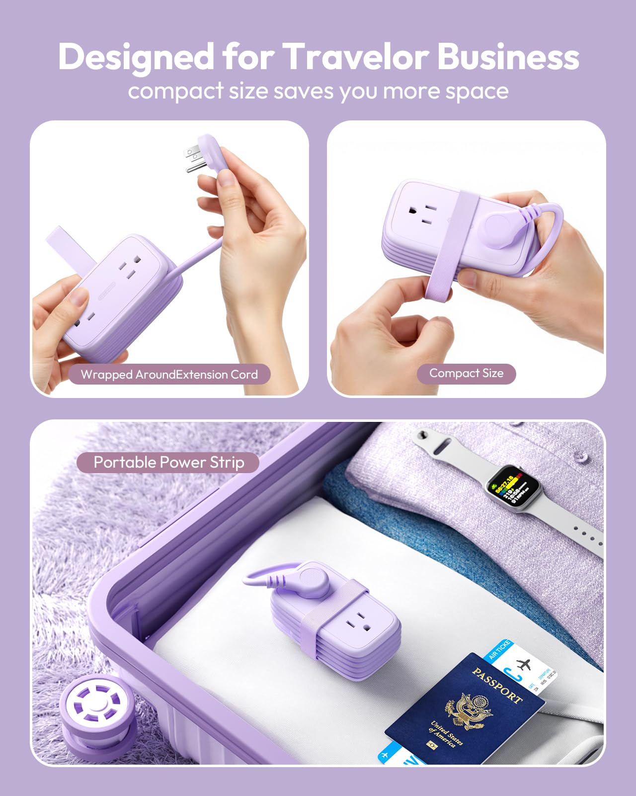 Portable Travel Power Strip with USB-C – 7-Outlet Compact Charging Hub with Wrap Cord & Ultra Flat Plug for Cruise, Hotel & Home