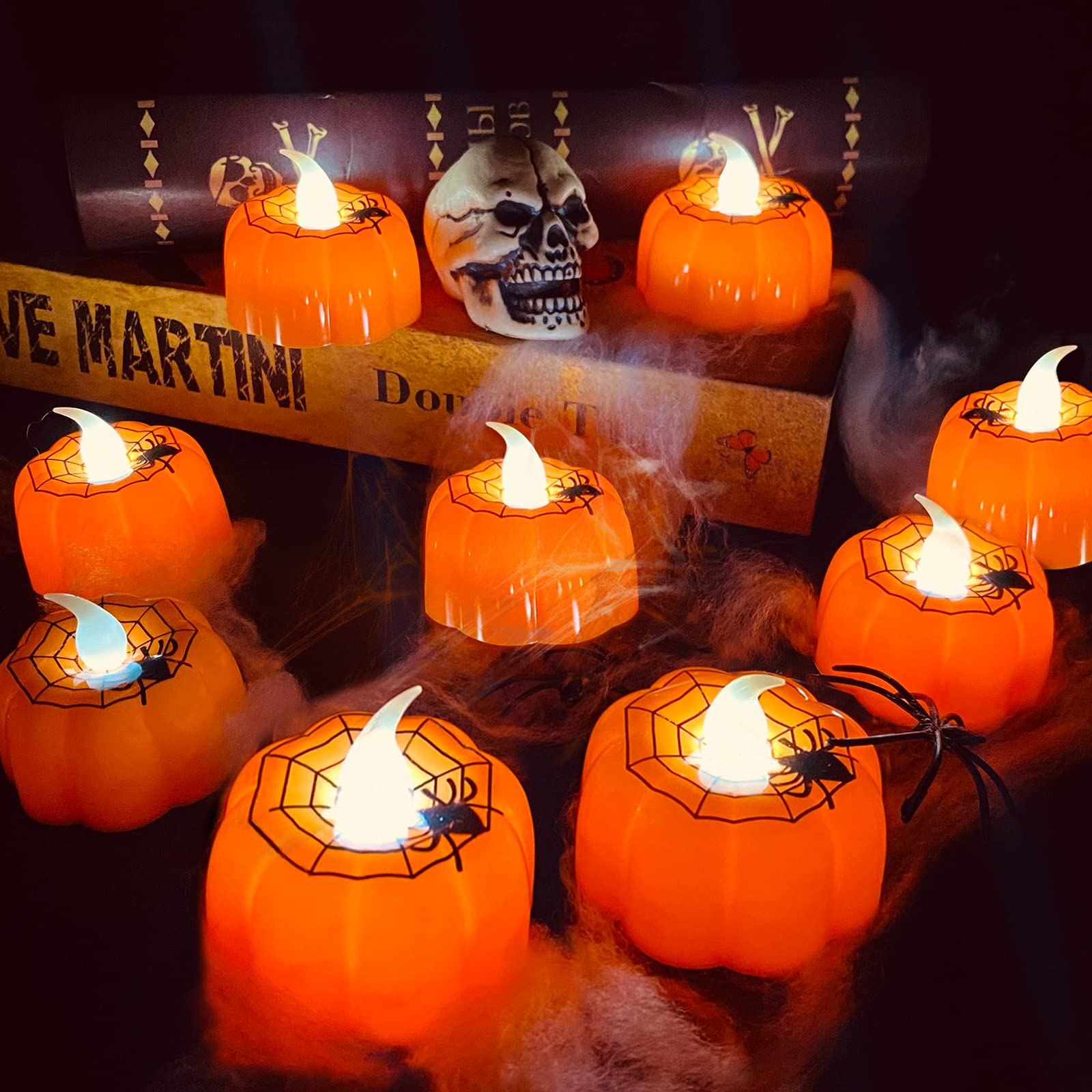 12-Pack Halloween Pumpkin LED Tea Light Candles – Flickering Flameless Pumpkin Lights for Spooky Décor