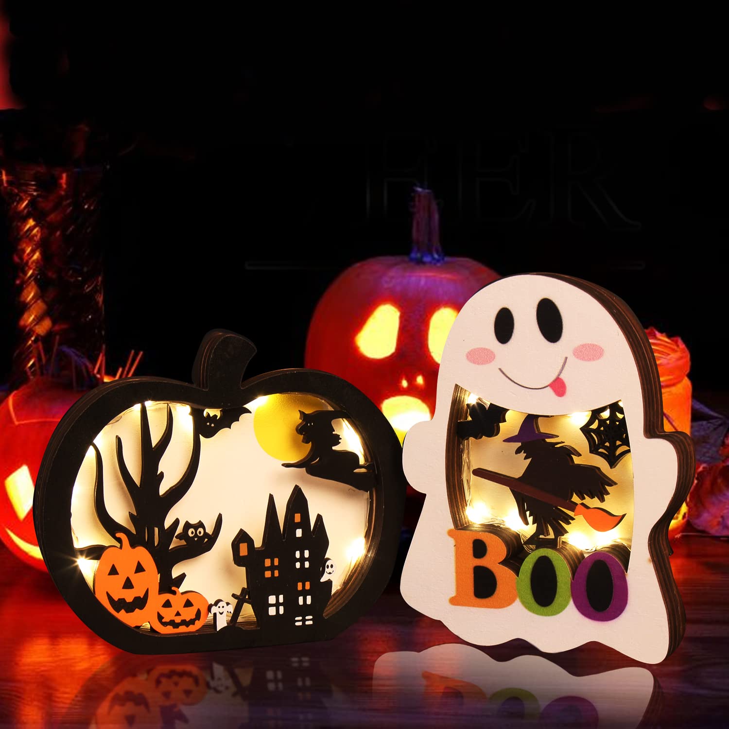 BOO Halloween Light-Up Wooden Signs – 2-Pack Multicolor Tabletop Décor with Pumpkins, Ghosts & LED Lights