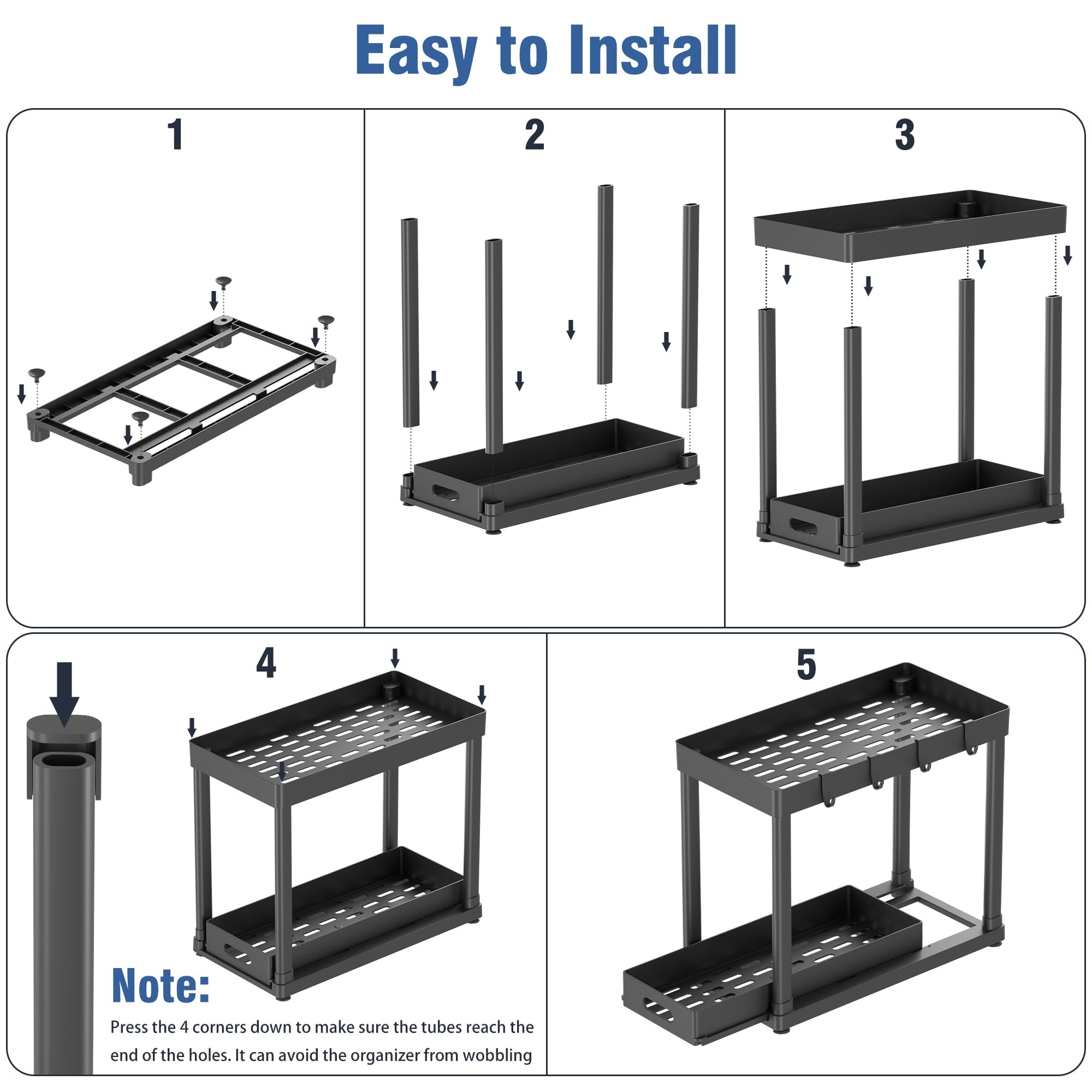 POUGNY Under Sink Organizer 2-Pack – Heavy Duty Pull-Out Cabinet Storage with Anti-Slip Base, Black PRO