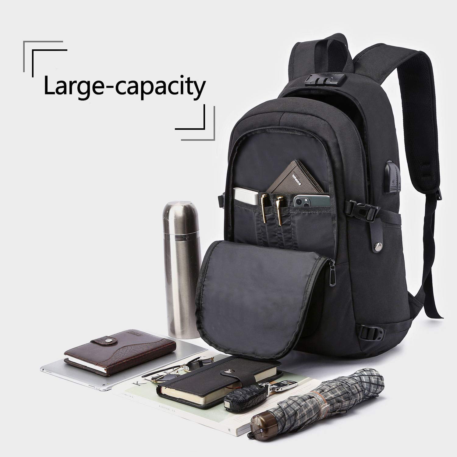 WENIG Anti-Theft Travel Laptop Backpack with USB Charging Port & Lock – 15.6 Inch, Black