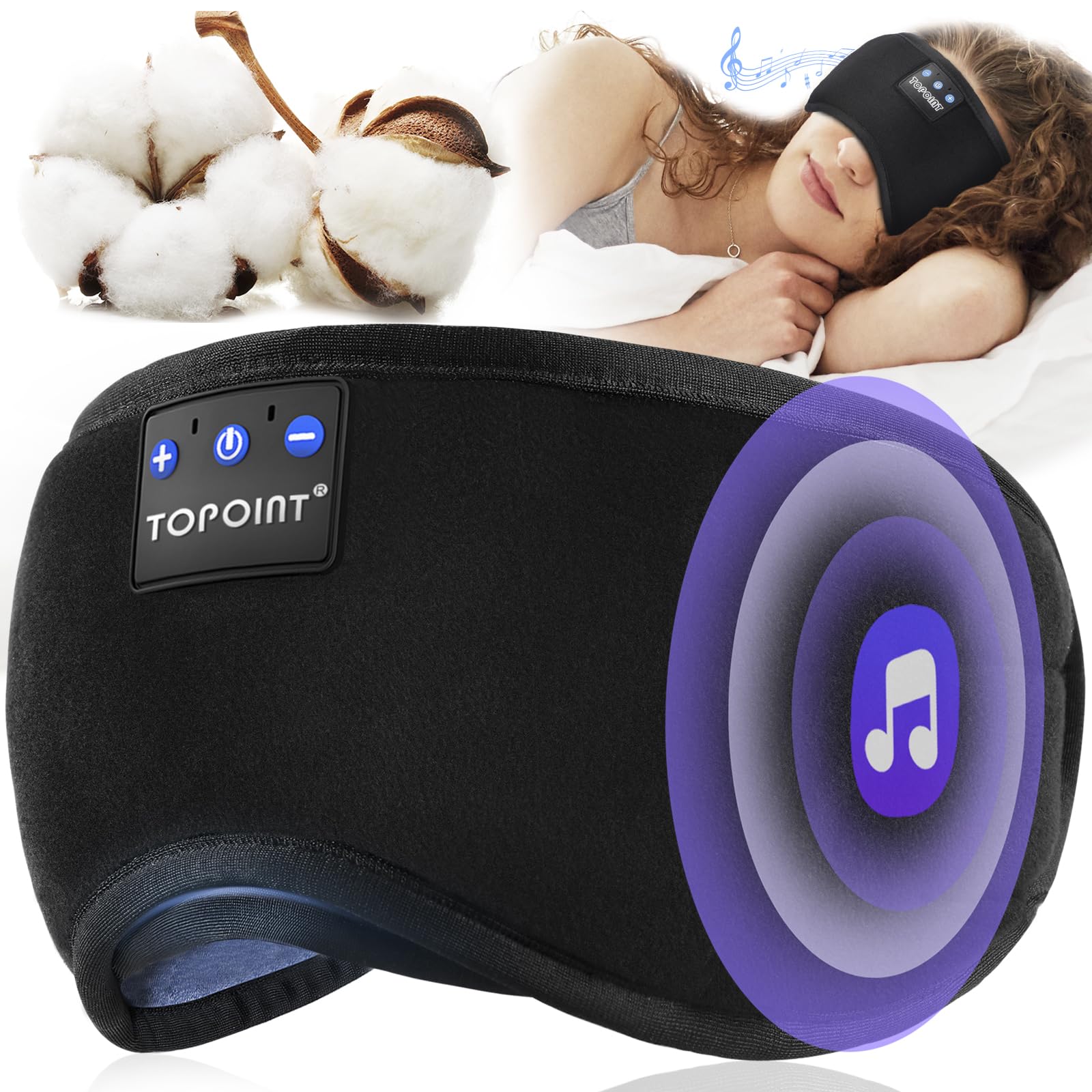 Bluetooth Sleep Mask Headphones with Light Blocking Design & 15H Battery – Soft Cotton Night Eye Mask Black