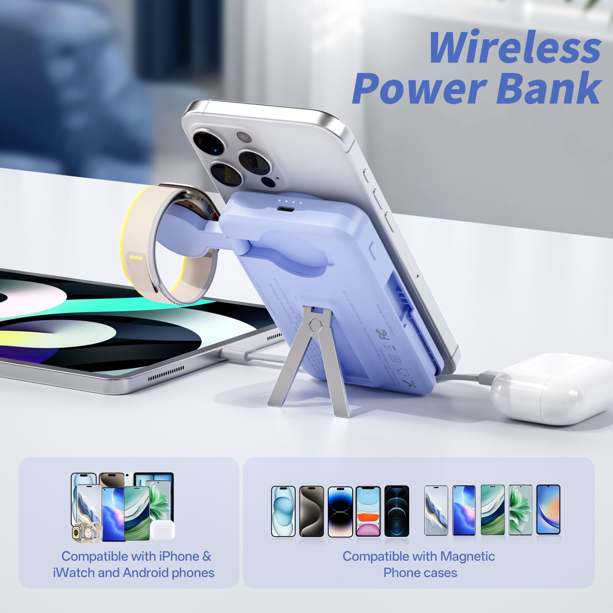 Magnetic 10,000mAh Power Bank – All-in-One Wireless Charging Station with Built-In Cables & Stand (Blue)