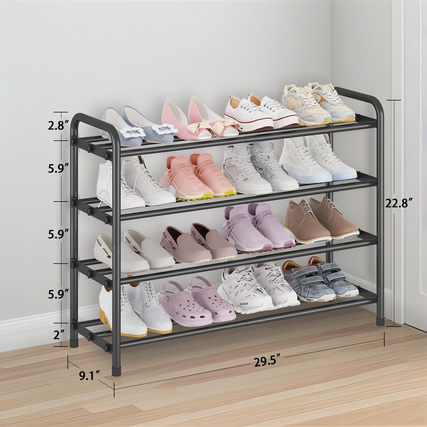 KANAV 4-Tier Expandable Shoe Rack – Adjustable Stainless Steel Shoe Organizer for Entryway & Closet (Black)