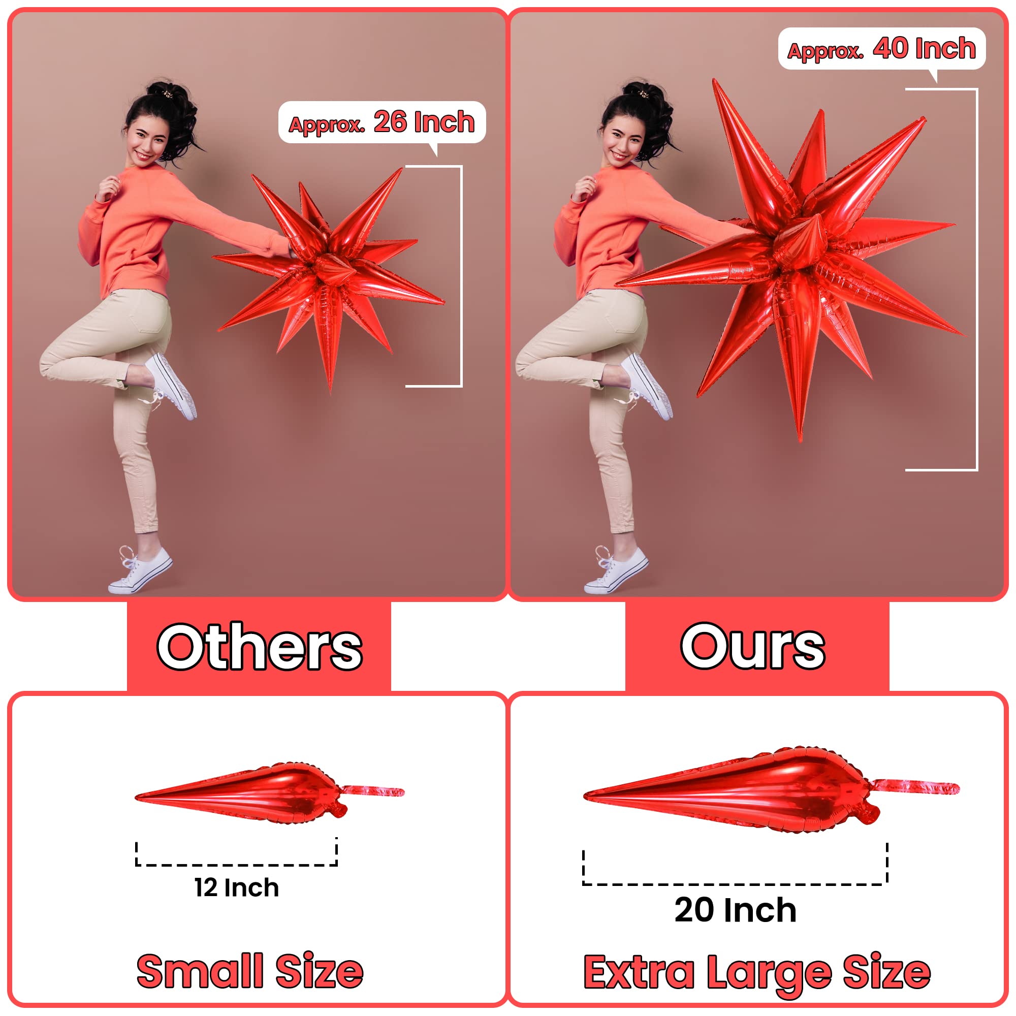 Red Starburst Foil Balloons – 50 Pack (20x6") Metallic Spike Star Balloons for Parties & Events