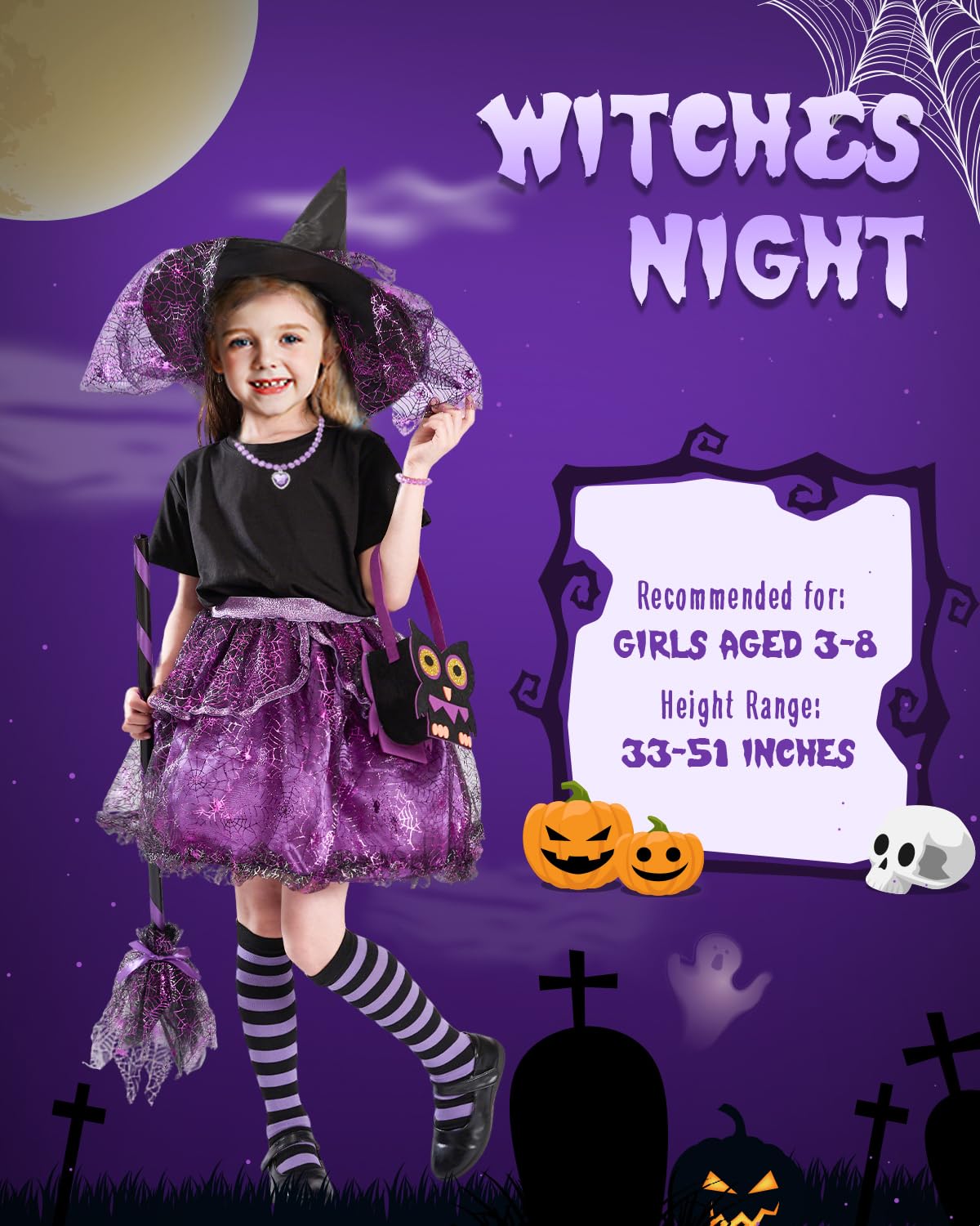 Purple Light-Up Witch Costume Set for Girls – 6-Piece Halloween Dress-Up Kit with LED Skirt, Hat, Broom & Jewelry