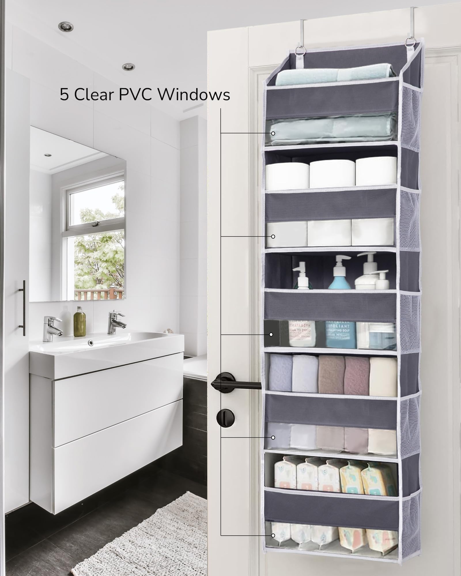 Over the Door Hanging Organizer with Clear Windows – 5 Large Pockets & Mesh Side Storage for Bedroom, Bathroom & Nursery
