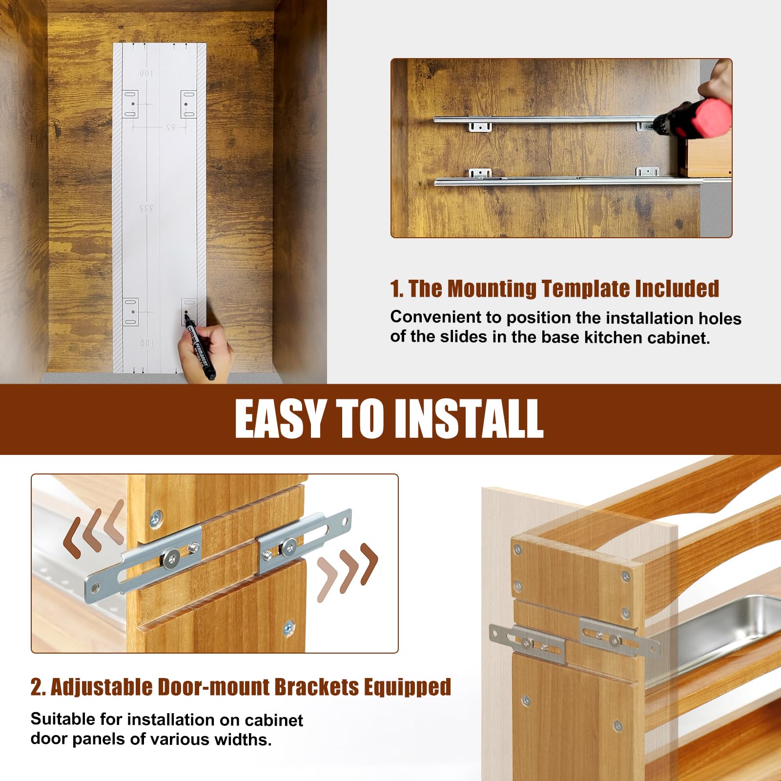 Solid Wood 4-Tier Pull-Out Spice Rack – Slim Soft-Close Cabinet Organizer for Narrow Pantry Spaces