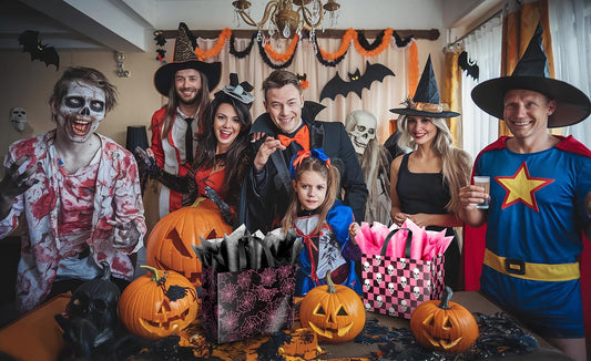 2-Pack Skull Net Halloween Gift Bags with Cards & Tissue Paper – Reusable Black & Pink Tote Style Party Favor Bags