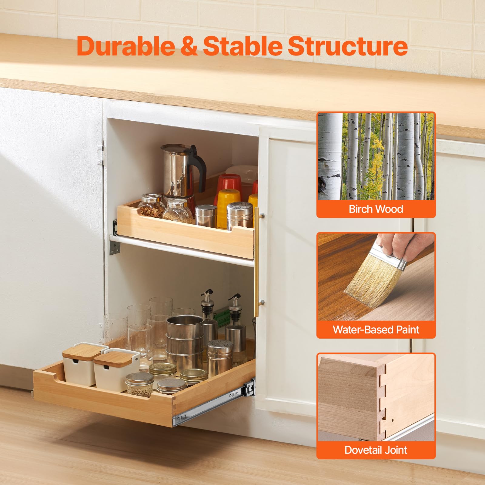 Solid Birch Wood Pull-Out Cabinet Drawer with Soft-Close Slides – Heavy-Duty Slide-Out Shelf for Kitchen, Pantry & Bathroom (17” W x 21” D)