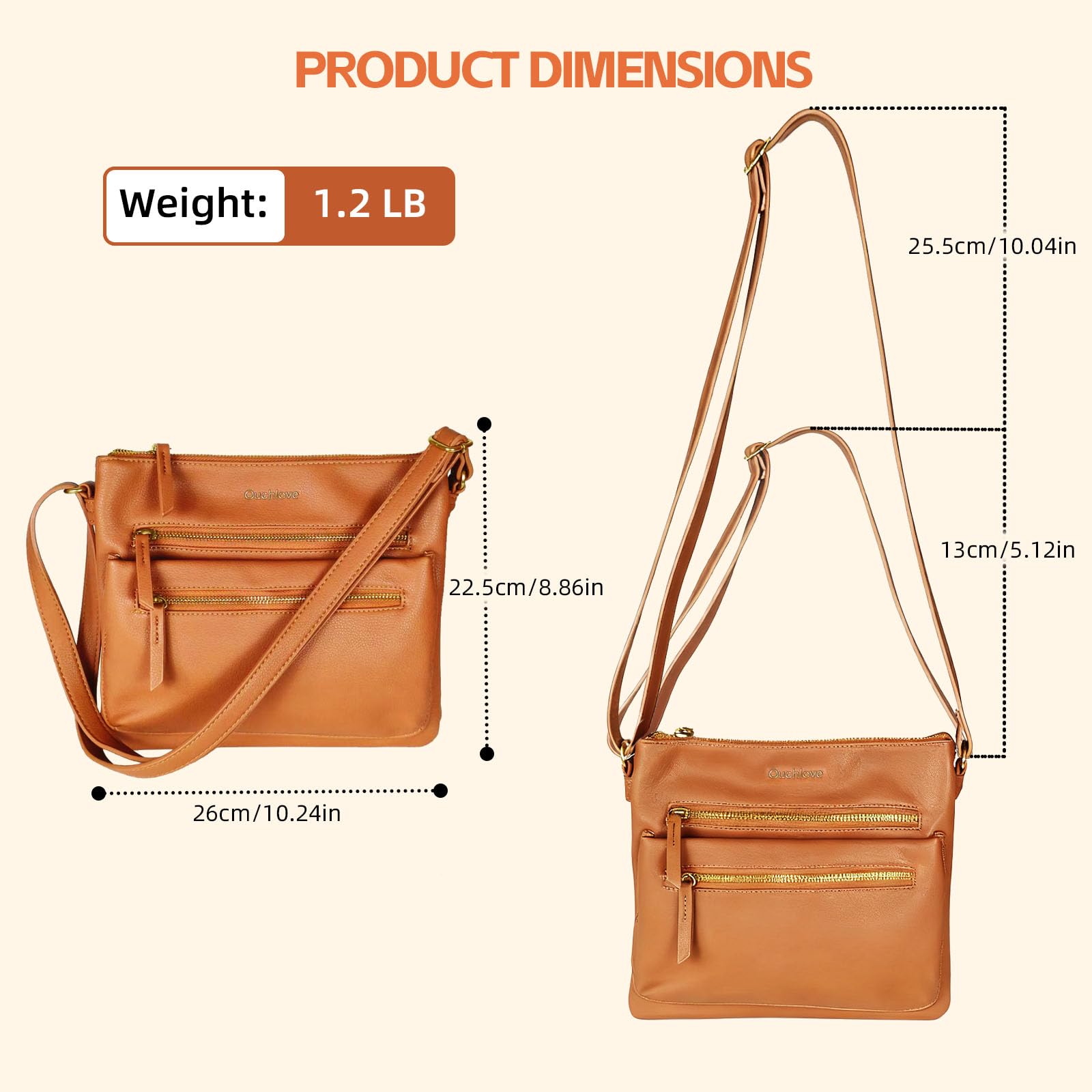 Ouchlove Women’s Vegan Leather Crossbody Bag – Large Multi-Pocket Shoulder Handbag with Adjustable Strap (Brown)