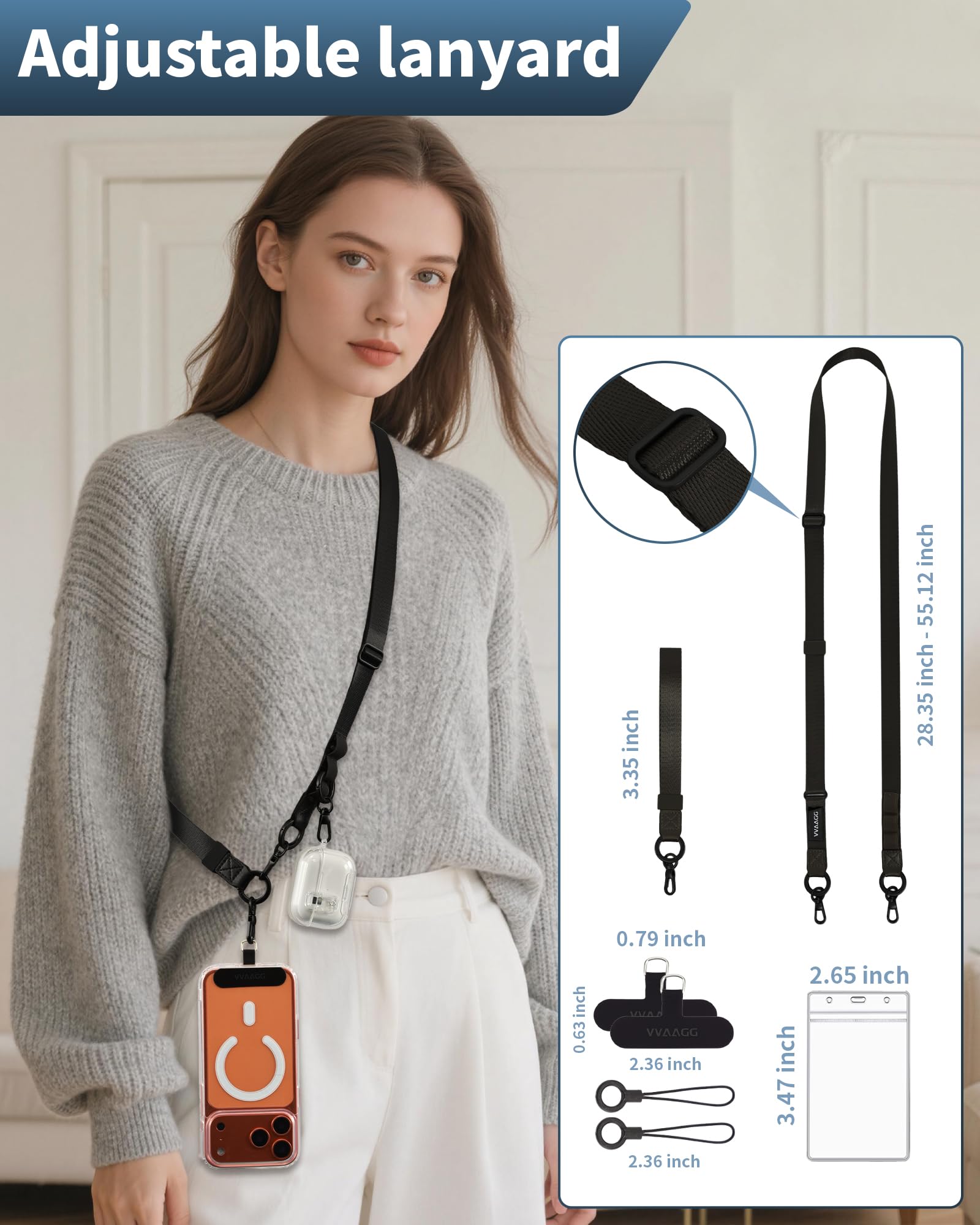 VVAAGG Adjustable 3-in-1 Phone Lanyard – Crossbody, Neck & Wrist Anti-Theft Strap for Smartphones (Black)