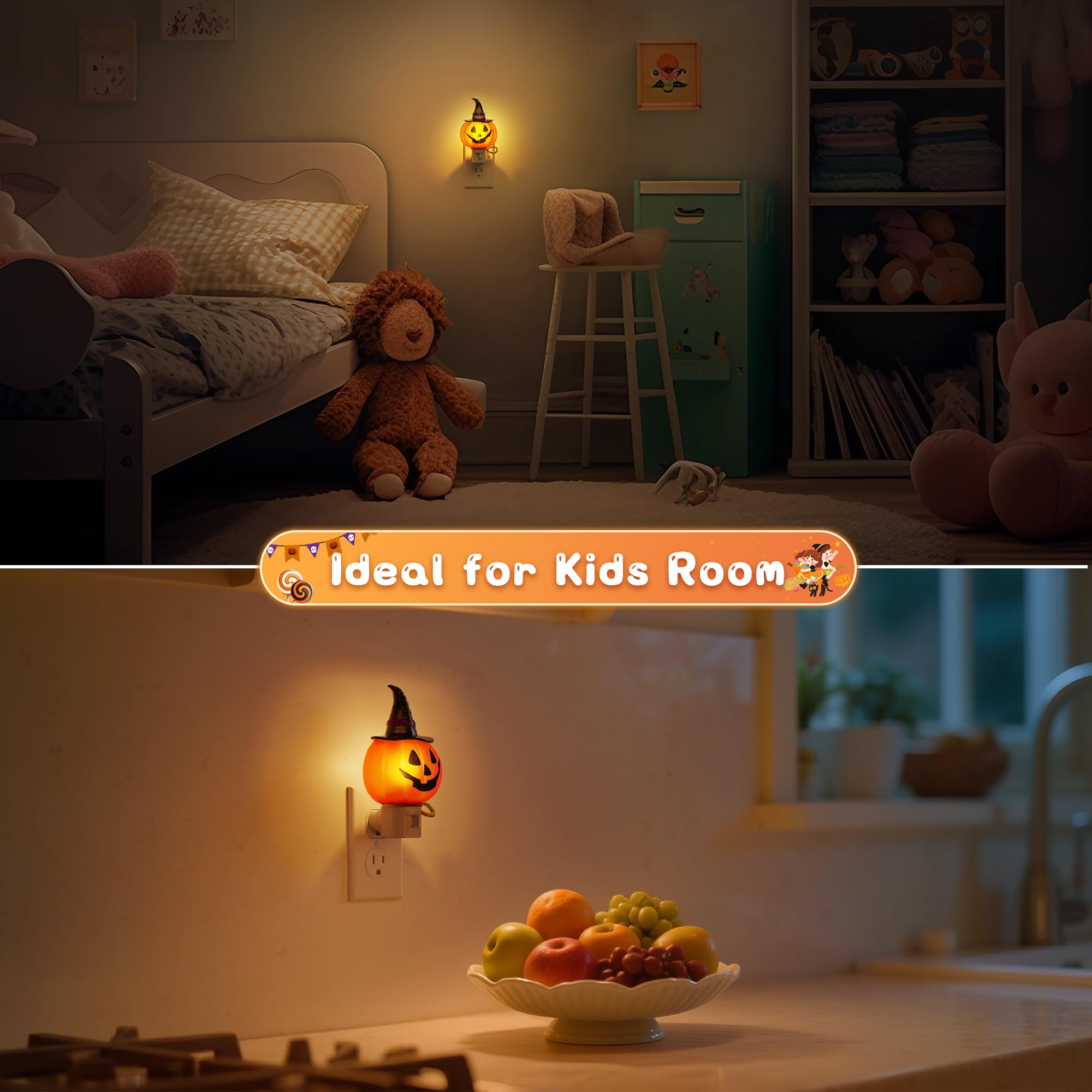 Pumpkin Witch Hat Plug-In Night Light – UL-Certified 0.8W Amber Glow with 360° Rotatable Plug & Replaceable E12 Bulb (Halloween Indoor Décor)