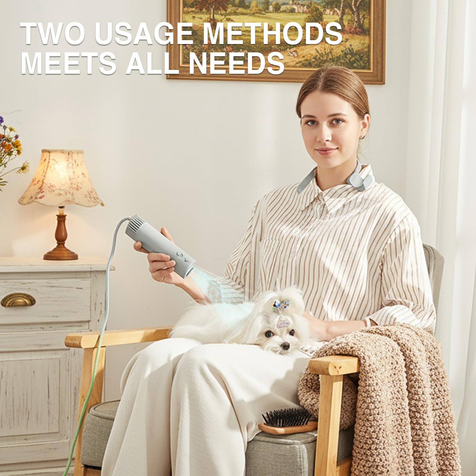 Hands-Free Pet Hair Dryer with 1400W Brushless Motor, Ultra Quiet Operation, Adjustable Heat and Speed, and Portable Grooming Design