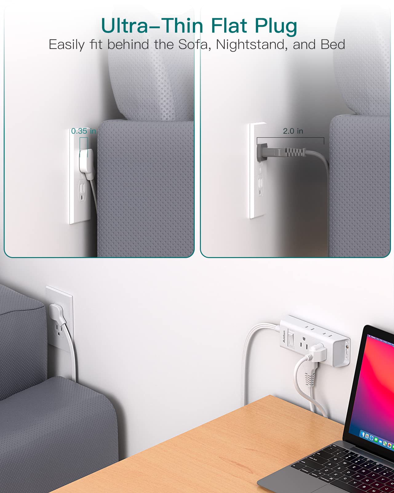 Ultra Flat Plug Power Strip – 6 Outlet Extension Cord with Right Angle Slim Design