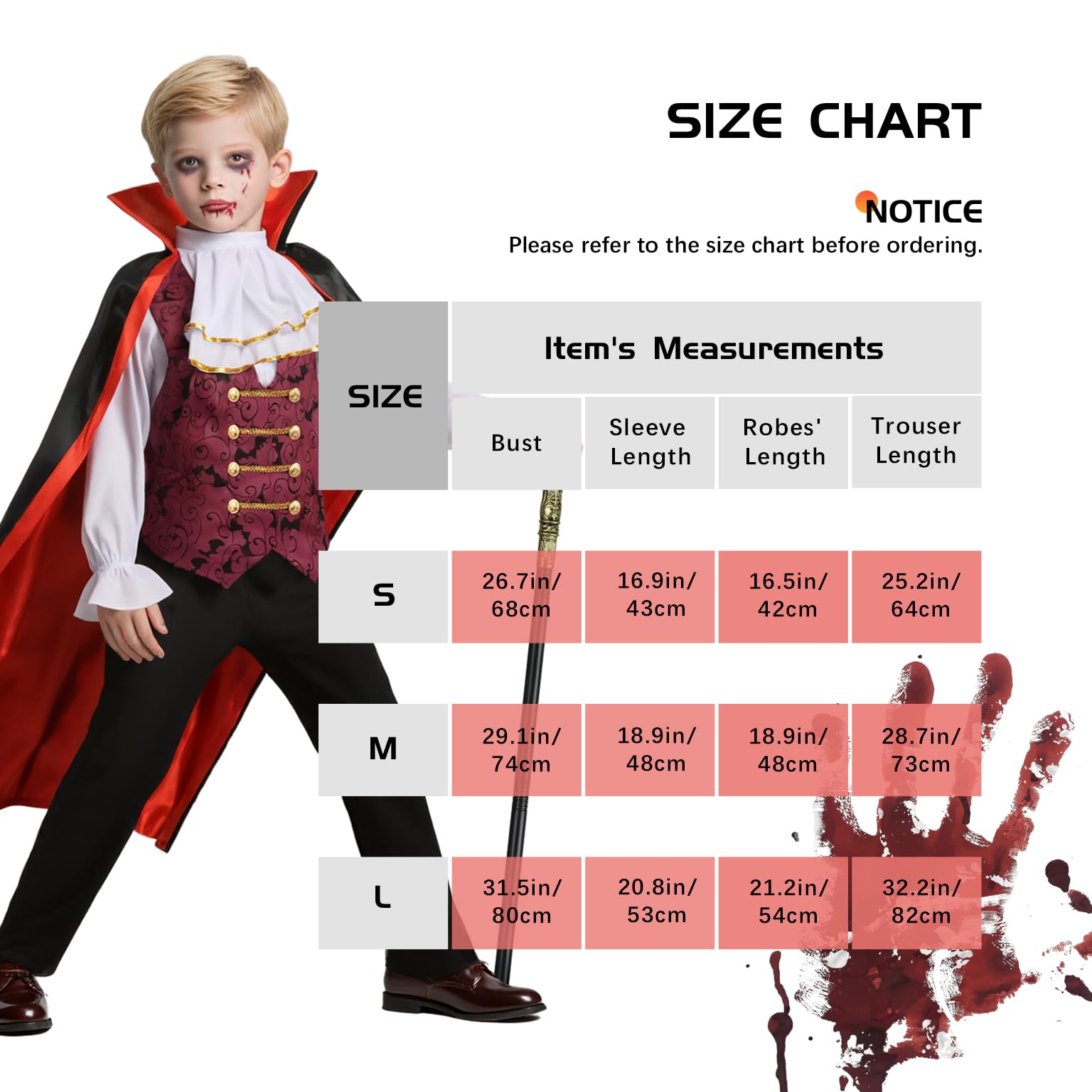 Kids Red Count Dracula Costume Set – Cape, Top, Pants & Scepter (Ages 4–12)